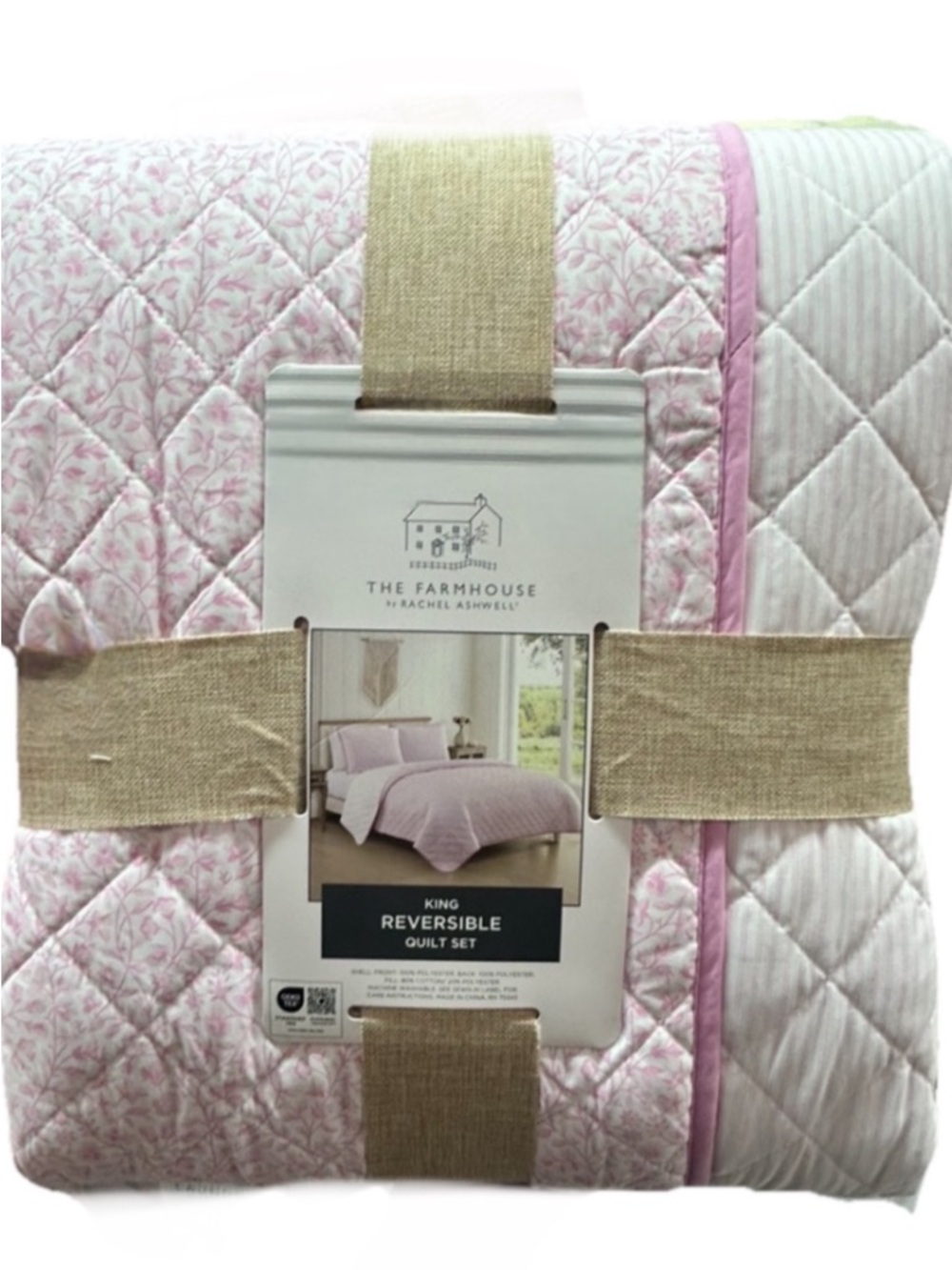 Rachel Ashwell Pink and White Floral Reversible King Quilt Set 106”x92”